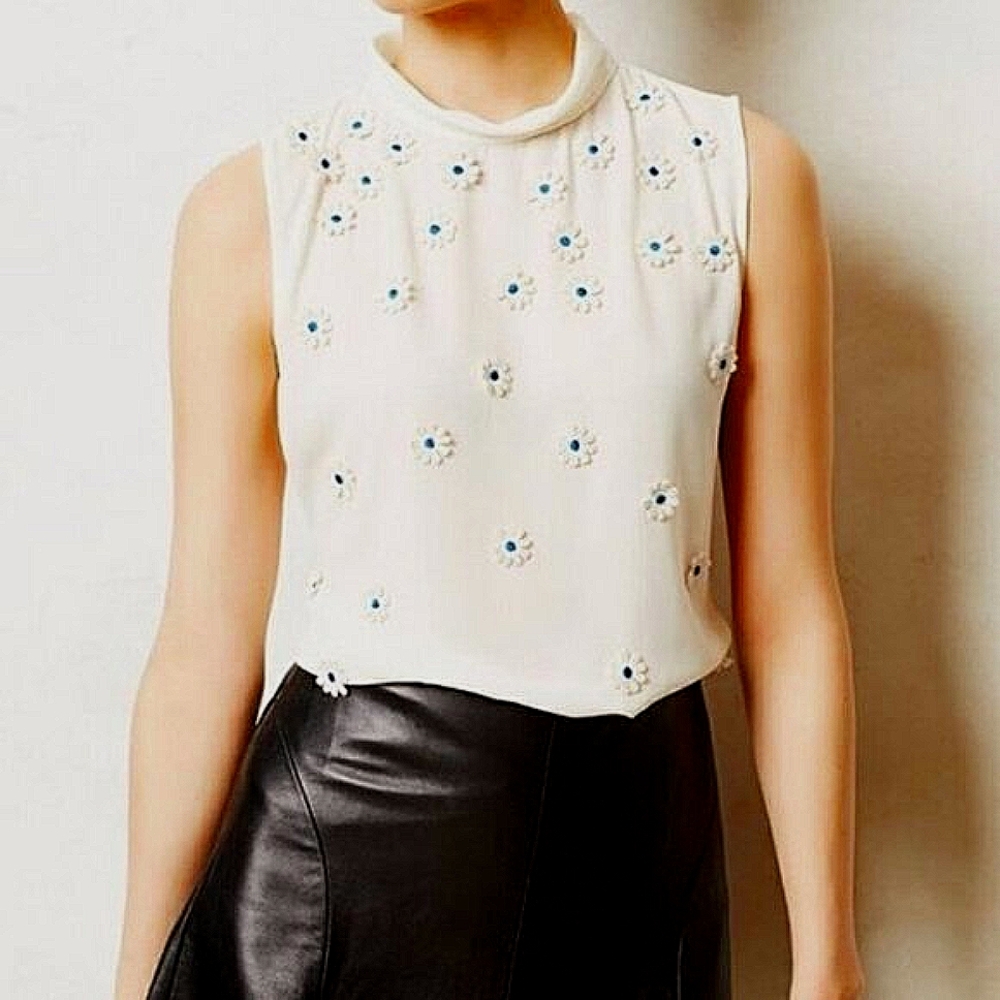 Vanessa Virginia Daisy Applique Chiffon Sleeveless Blouse M Ivory Tank Flower